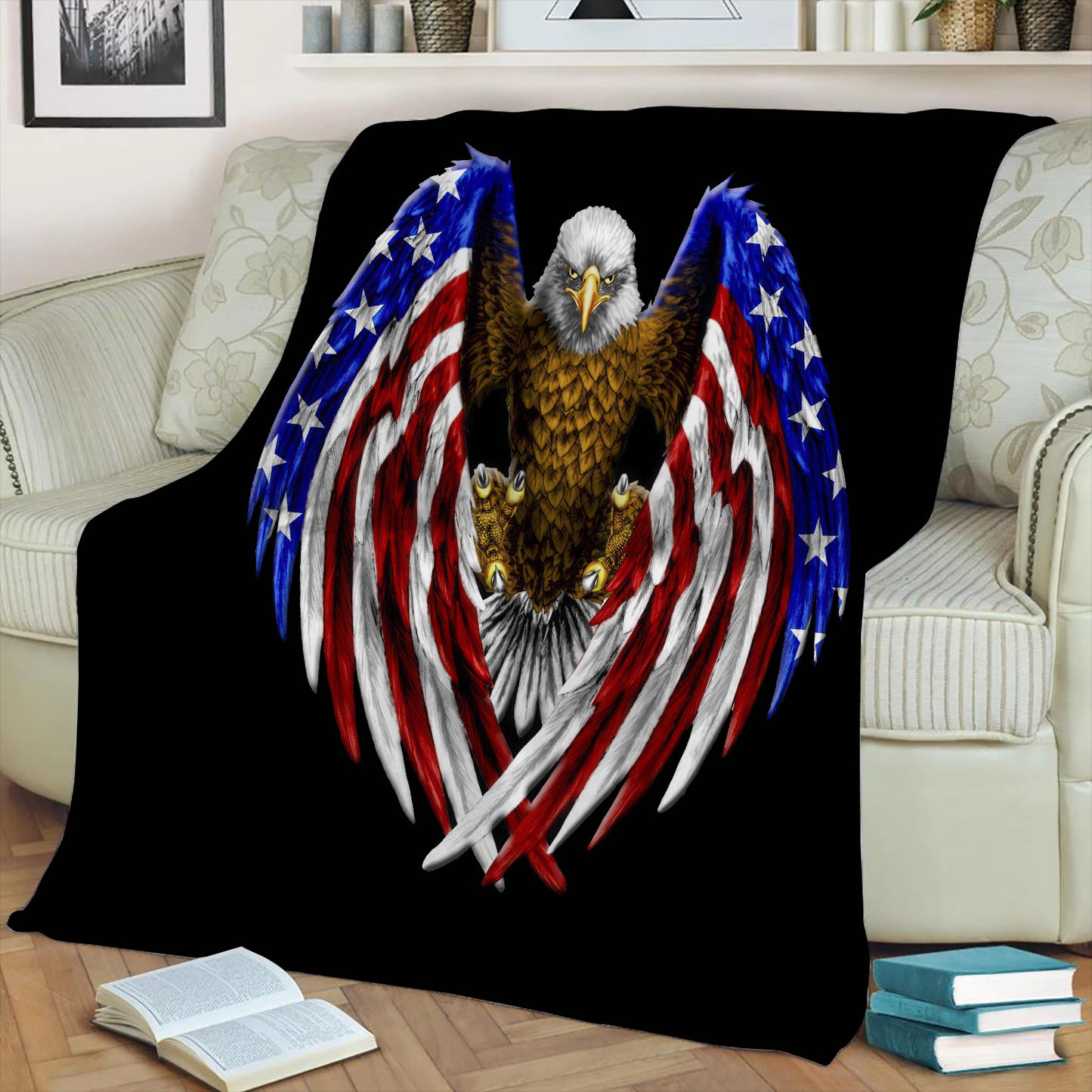 Bald Eagle With American Flag Fleece Throw Blanket
