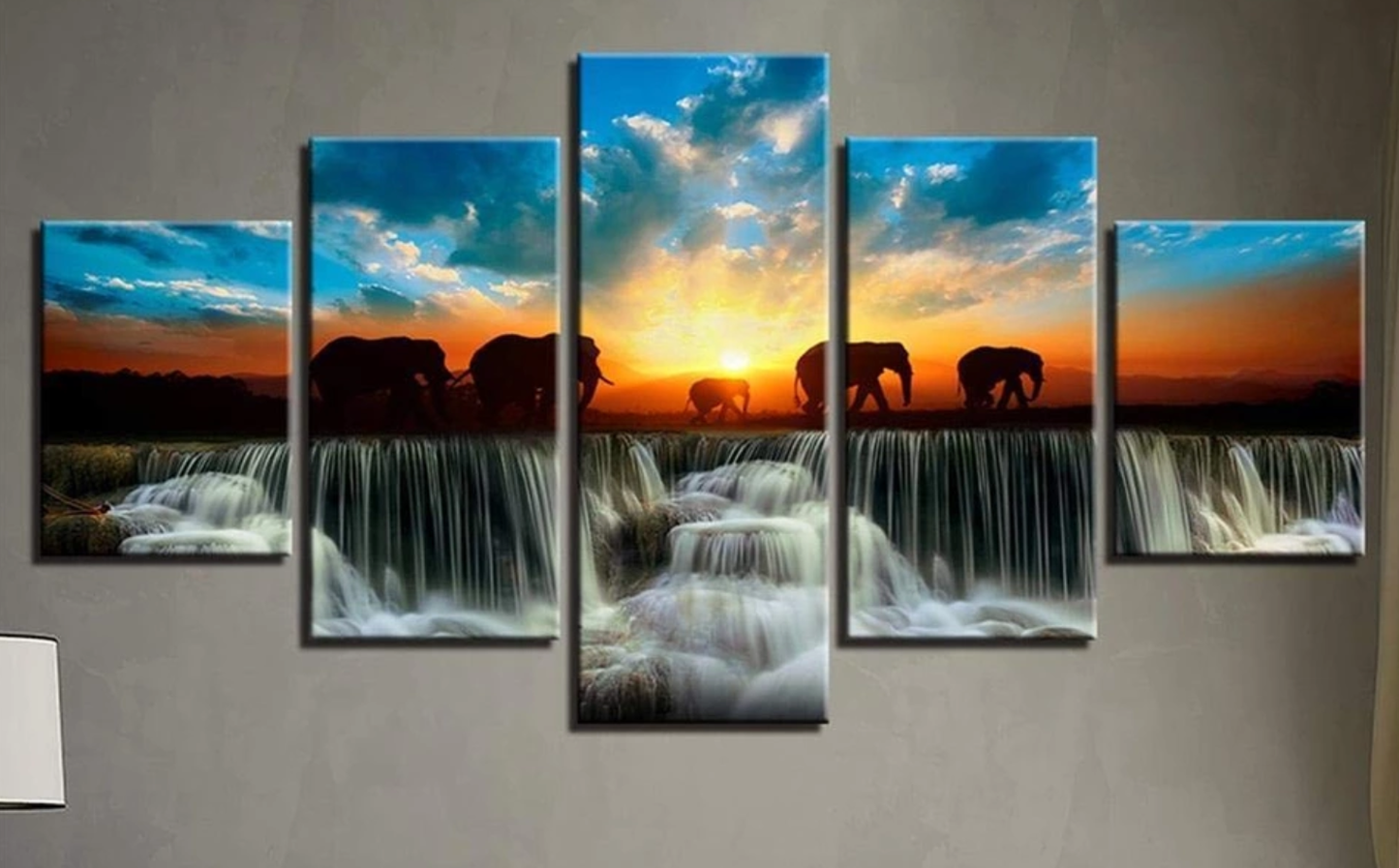 Elephants Crossing a Waterfall