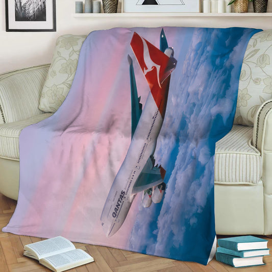 Qantas 747-400 Flying into the Sunset Fleece Throw Blanket