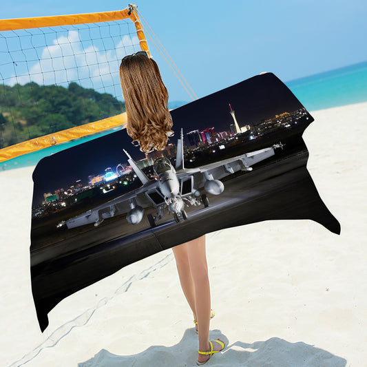 FA-18 Hornet Lit up at Night Beach / Bath Towel