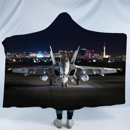 FA-18 Hornet Lit up at Night Hooded Blanket