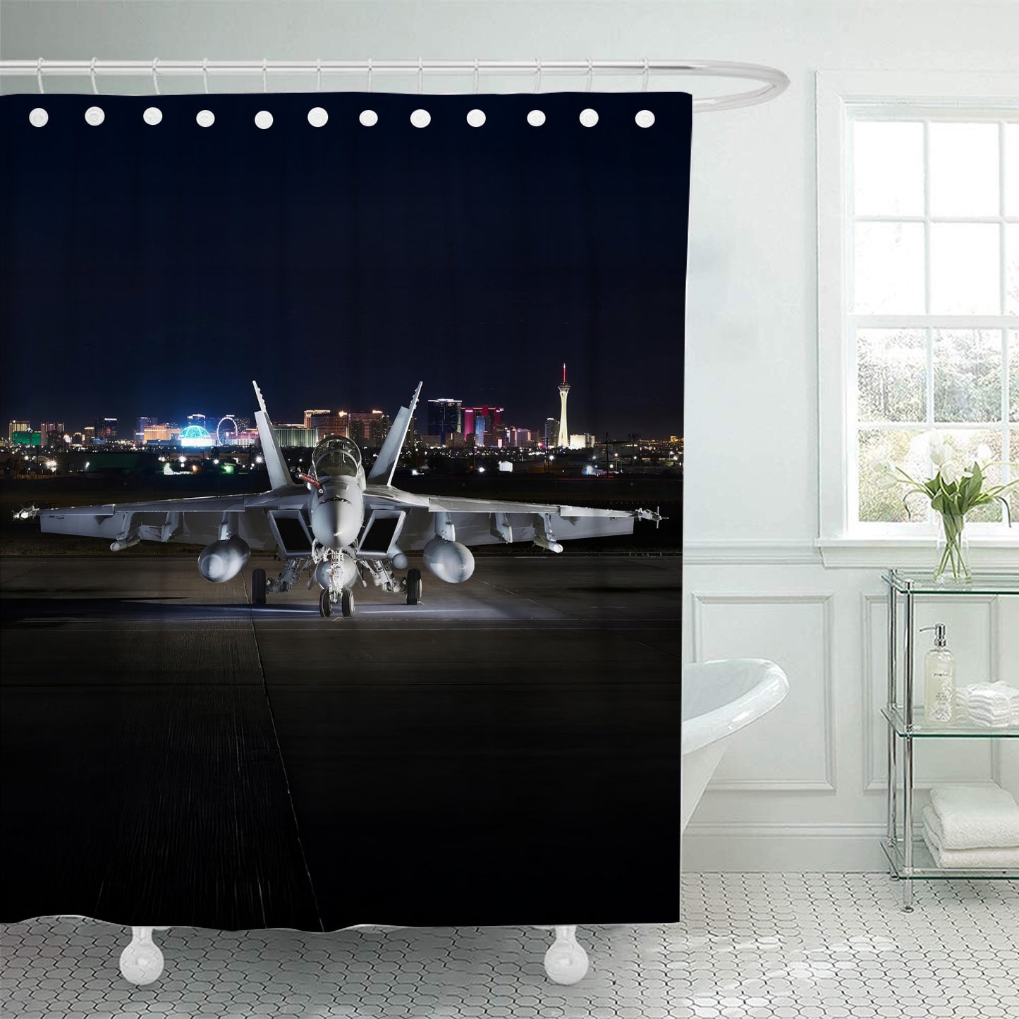 FA-18 Hornet Lit up at Night Shower Curtain
