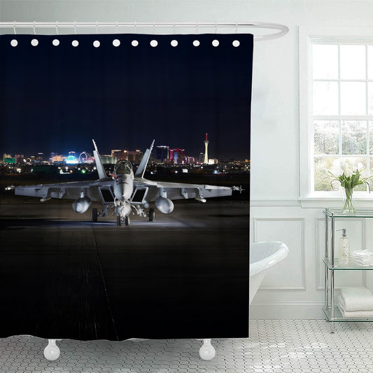 FA-18 Hornet Lit up at Night Shower Curtain