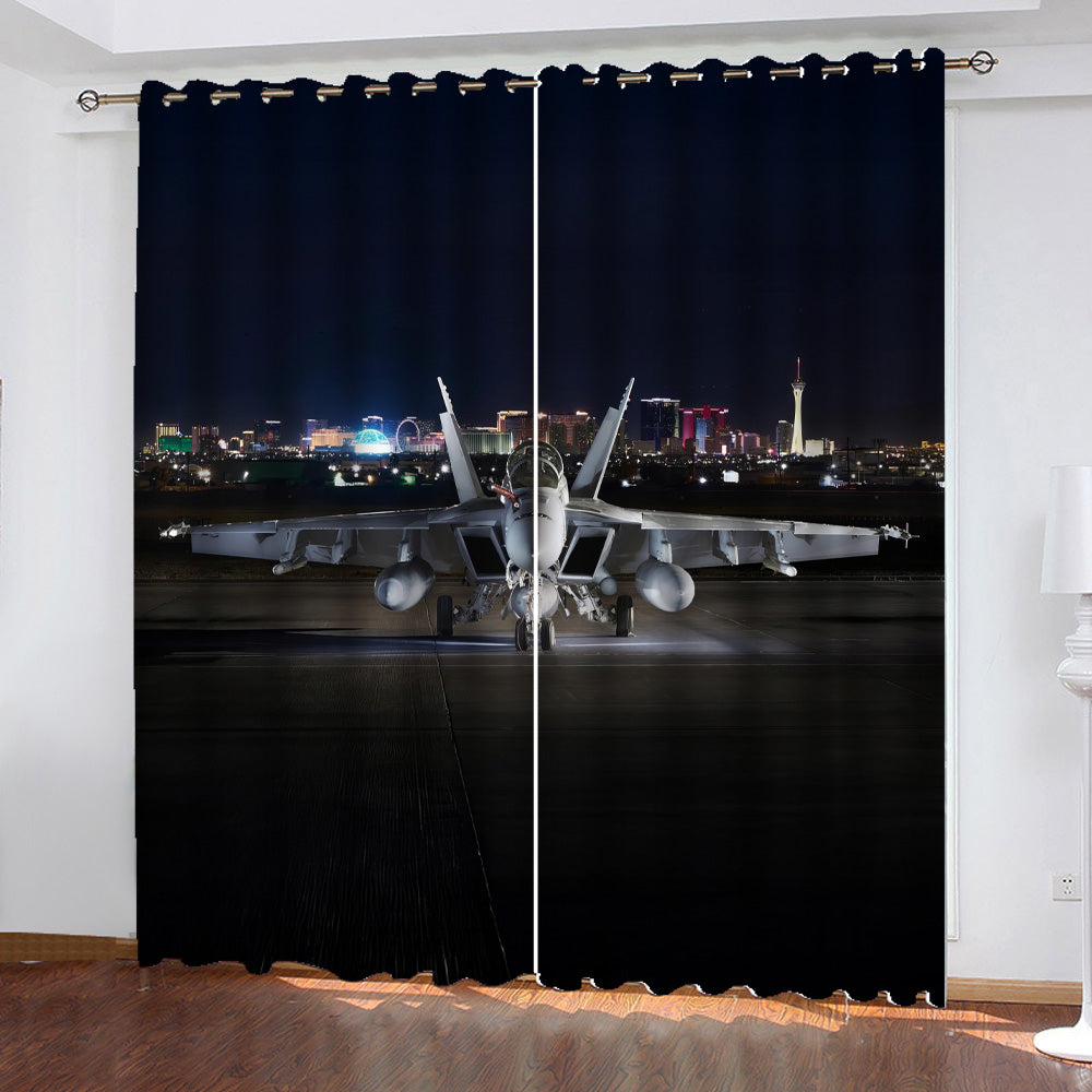FA-18 Hornet Lit up at Night Window Curtains
