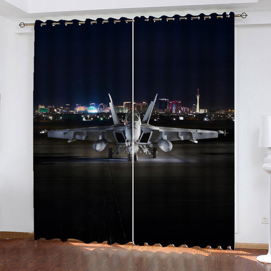 FA-18 Hornet Lit up at Night Window Curtains