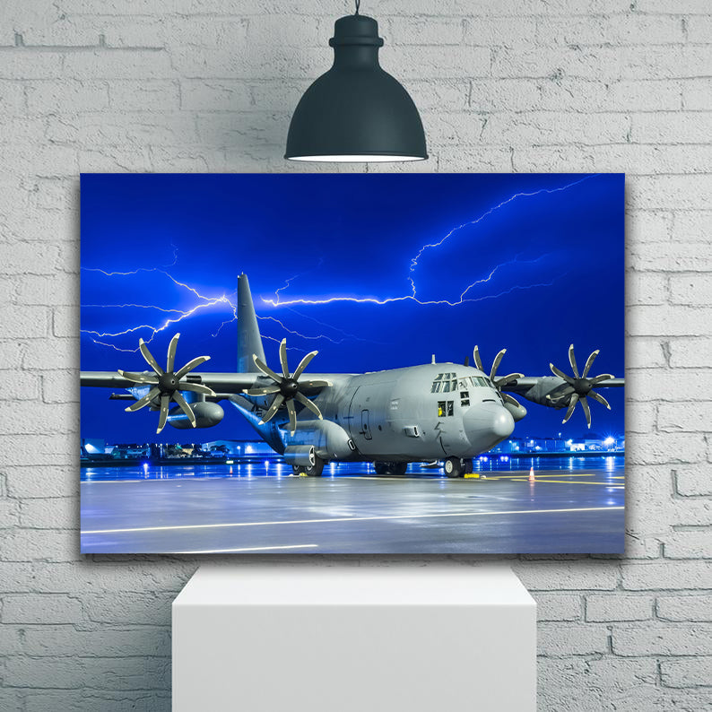 USAF C-130 in Lightning Storm Canvas Prints
