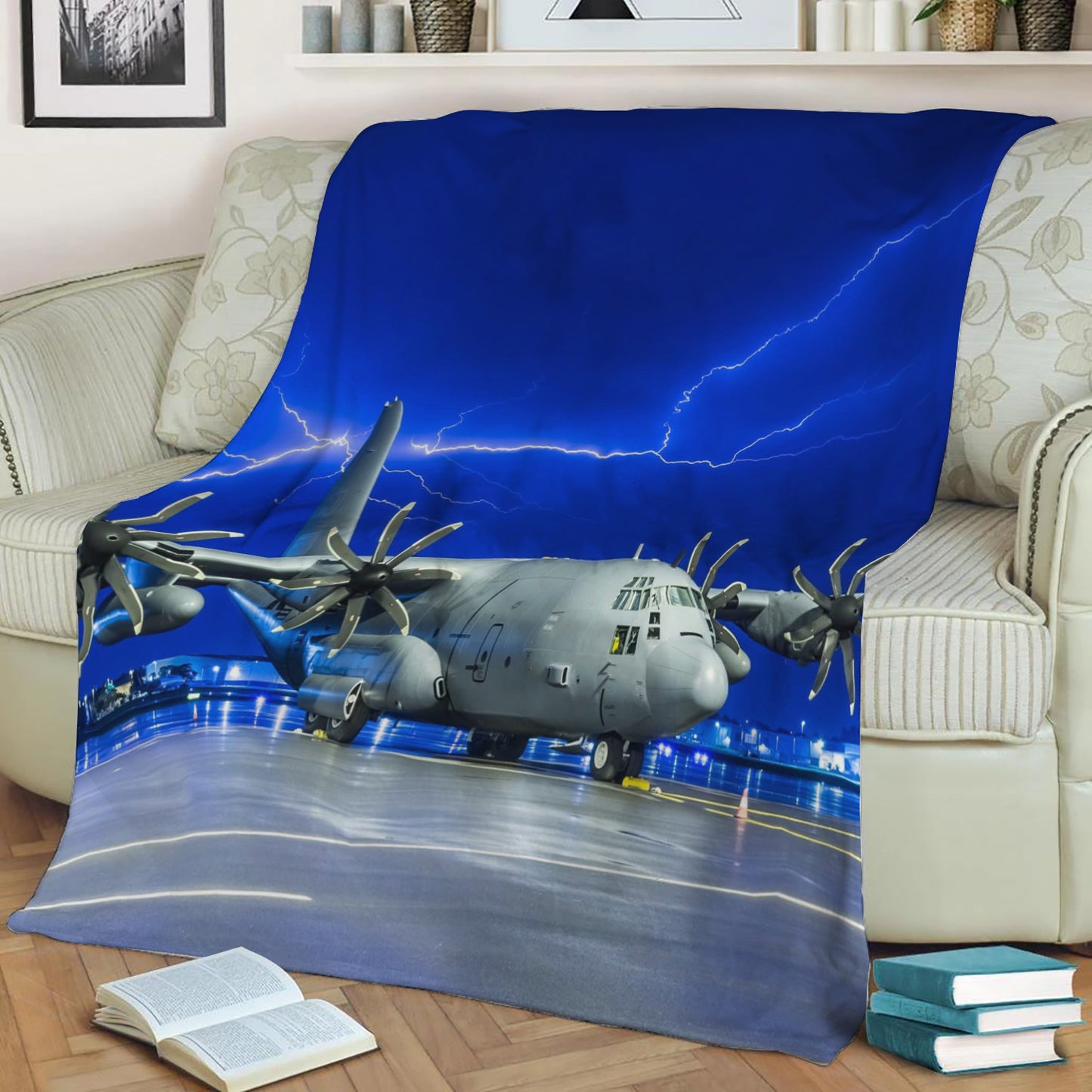 USAF C-130 Hercules in a Lightning Storm Fleece Throw Blanket