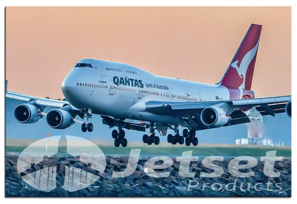 Qantas 747-400 Queen Landing at Sunrise Canvas Prints