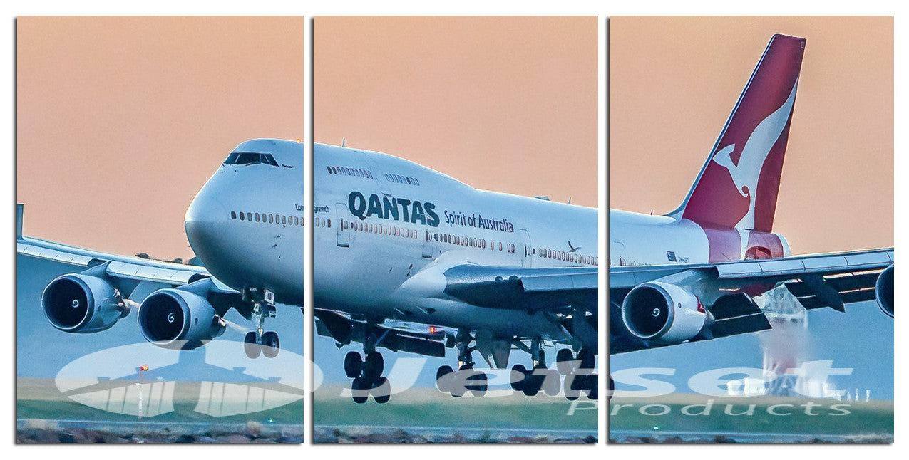 Qantas 747-400 Queen Landing at Sunrise Canvas Prints