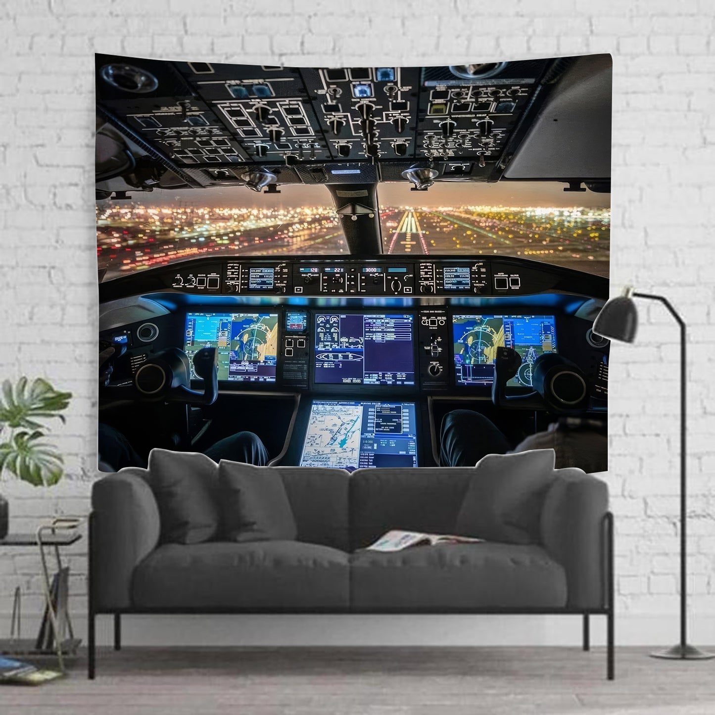 Airplane Cockpit At Night Tapestry