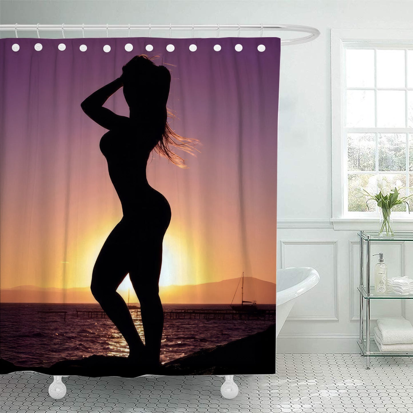 Female Model 2 Beach Sunrise Shower Curtain