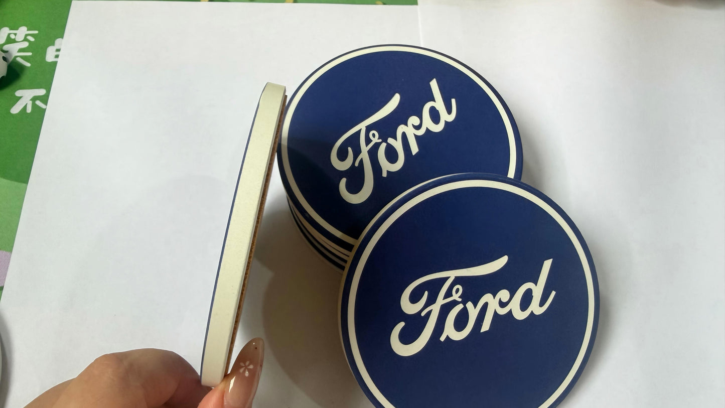Ford Logo Ceramic Drink Coasters Set of 6 + Holder