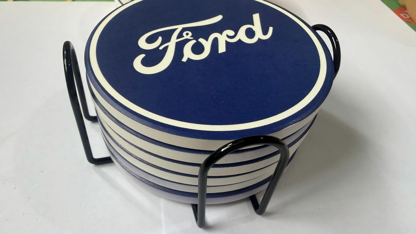 Ford Logo Ceramic Drink Coasters Set of 6 + Holder