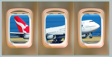 Qantas 747-400 VH-OEI Taking Off 3 Panel Canvas Print 1Window003